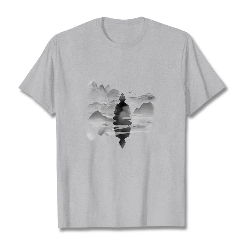 Buddha Stones Meditating Buddha Sitting In Mountains Pattern Cotton Tee T-shirt - Light Grey - 2XL - image 19