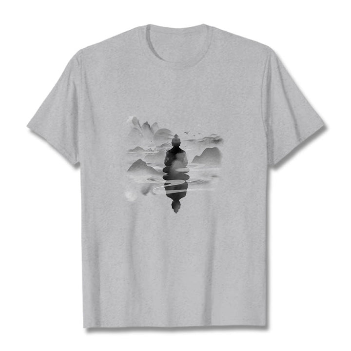Buddha Stones Meditating Buddha Sitting In Mountains Pattern Cotton Tee T-shirt - Light Grey - 2XL - image 19
