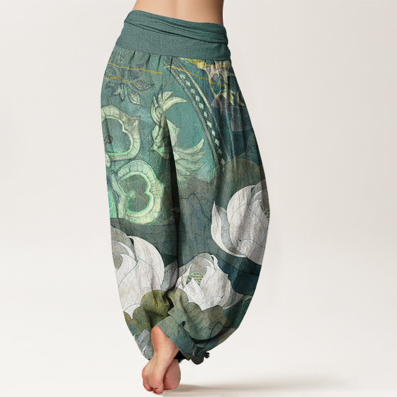 Buddha Stones Cotton White Lotus Leaves Pattern Casual Women's Elastic Waist Harem Pants - image 1