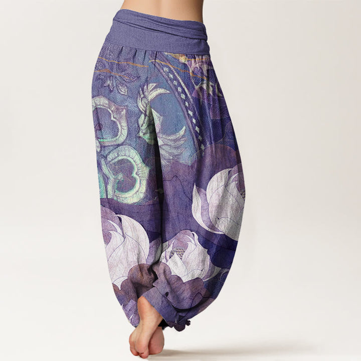 Buddha Stones Cotton White Lotus Leaves Pattern Casual Women's Elastic Waist Harem Pants - image 9