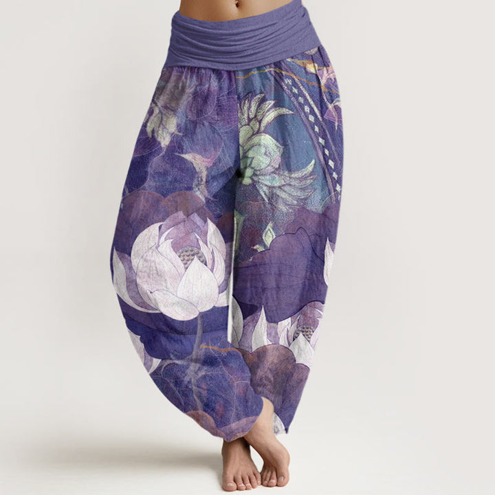 Buddha Stones Cotton White Lotus Leaves Pattern Casual Women's Elastic Waist Harem Pants - MediumPurple - US22，UK/AU26，EU54 (6XL) - image 7