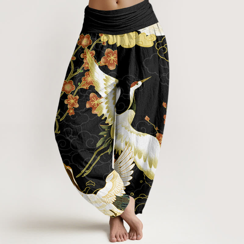 Buddha Stones Cotton Cranes Flowers Auspicious Clouds pattern Women's Elastic Waist Harem Pants - Black - US22，UK/AU26，EU54 (6XL) - image 0