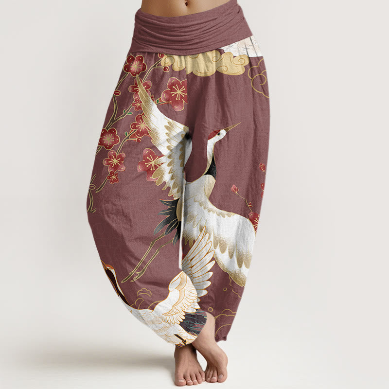 Buddha Stones Cotton Cranes Flowers Auspicious Clouds pattern Women's Elastic Waist Harem Pants - LightCoral - US22，UK/AU26，EU54 (6XL) - image 7