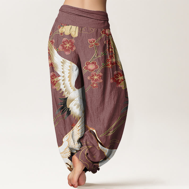 Buddha Stones Cotton Cranes Flowers Auspicious Clouds pattern Women's Elastic Waist Harem Pants - image 6