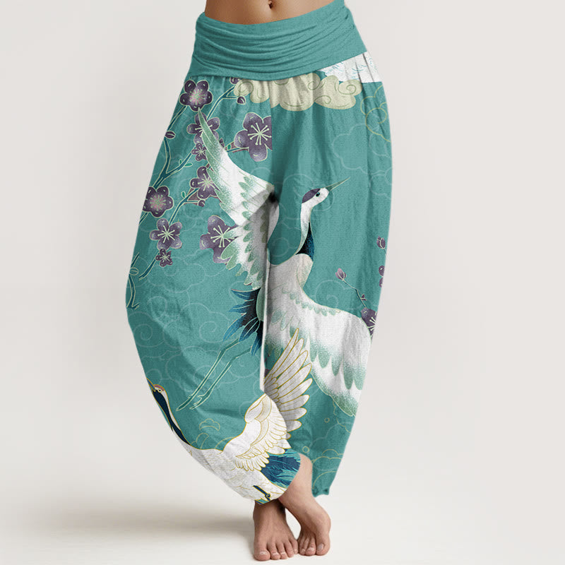Buddha Stones Cotton Cranes Flowers Auspicious Clouds pattern Women's Elastic Waist Harem Pants - image 9