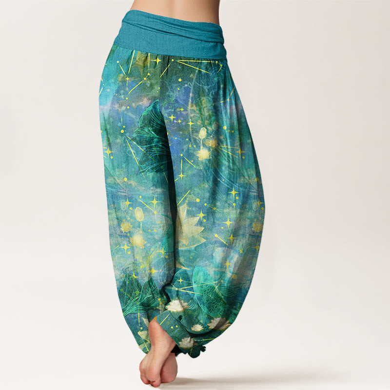 Buddha Stones Cotton Koi Fish Lotus Moon Stars Pattern Women's Elastic Waist Harem Pants - image 9