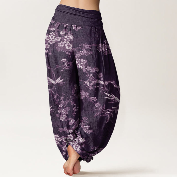 Buddha Stones Cotton White Sakura Flower Pattern Women's Elastic Waist Harem Pants - image 6