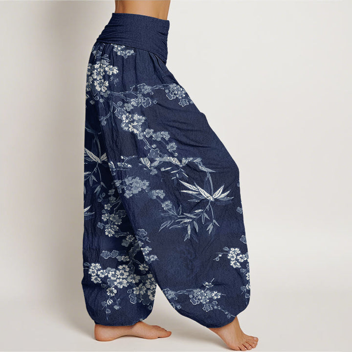 Buddha Stones Cotton White Sakura Flower Pattern Women's Elastic Waist Harem Pants - image 1