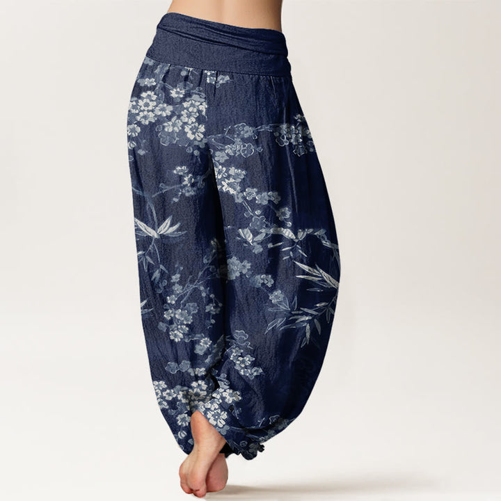 Buddha Stones Cotton White Sakura Flower Pattern Women's Elastic Waist Harem Pants - image 2