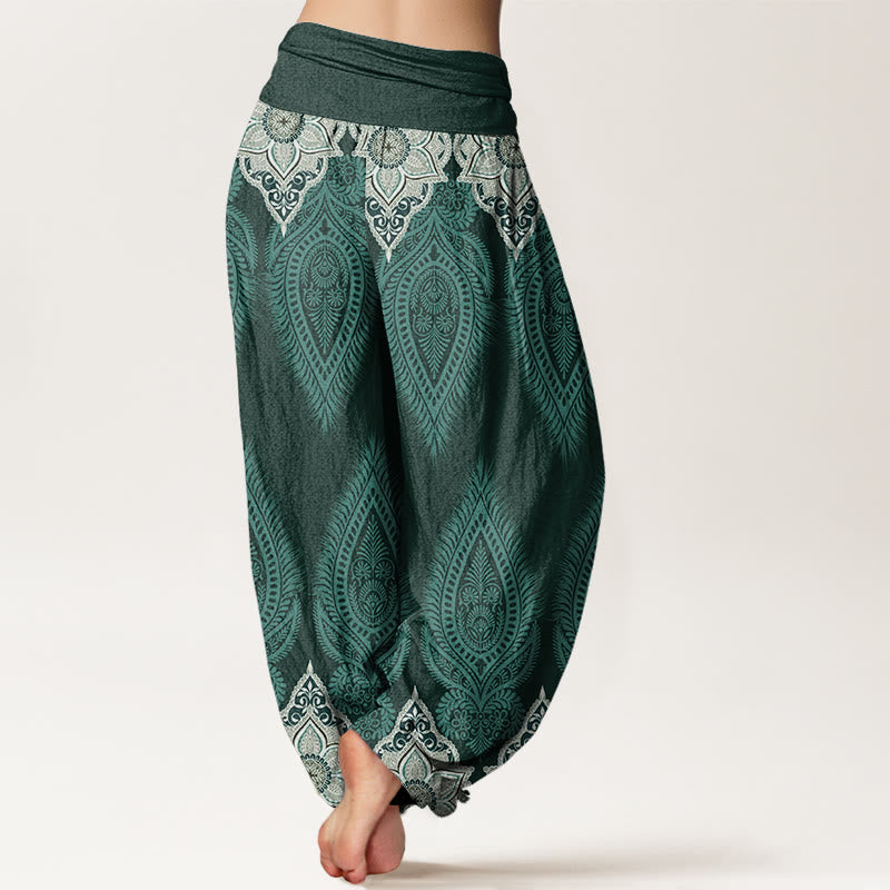 Buddha Stones Cotton Casual Feather Flower Design Women's Elastic Waist Harem Pants - image 6