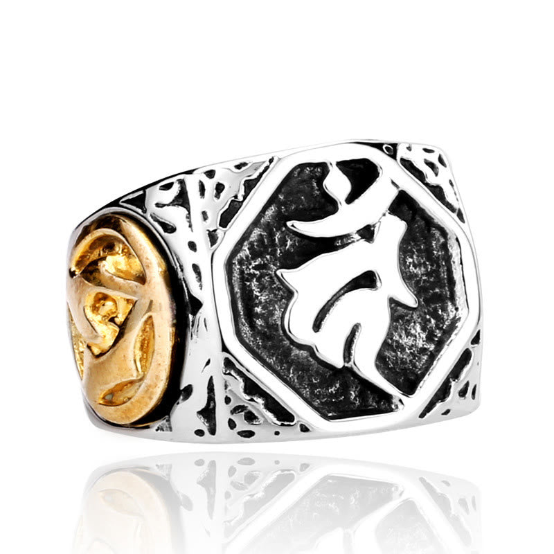 Buddha Stones Tibetan Titanium Steel Greeting Hand Sword Sign Sanskrit Balance Ring - image 1