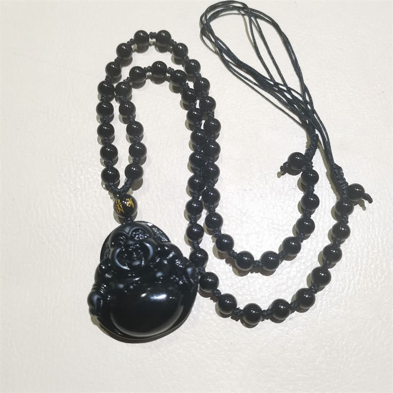 Buddha Stones Natural Black Obsidian Ice Obsidian Laughing Buddha Purification Necklace Pendant - image 12