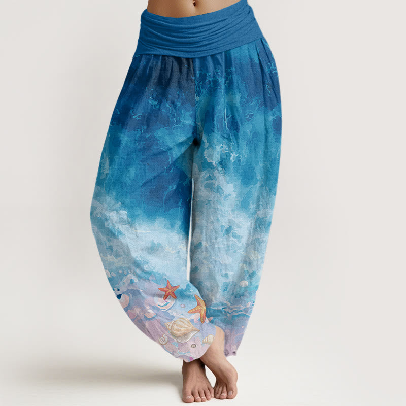 Buddha Stones Cotton Vast Ocean Pattern Women's Elastic Waist Harem Pants - SteelBlue - US22，UK/AU26，EU54 (6XL) - image 4