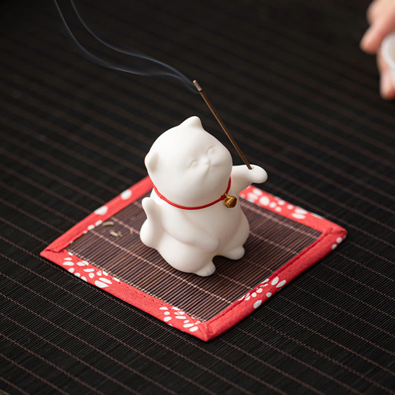 Buddha Stones Cat Bell Bamboo Mat Healing Ceramic Incense Burner Desk Decoration - image 4