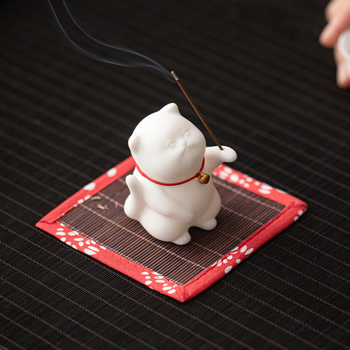 Buddha Stones Cat Bell Bamboo Mat Healing Ceramic Incense Burner Desk Decoration - image 4