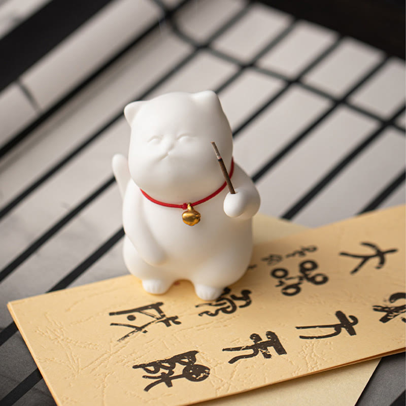 Buddha Stones Cat Bell Bamboo Mat Healing Ceramic Incense Burner Desk Decoration - image 5