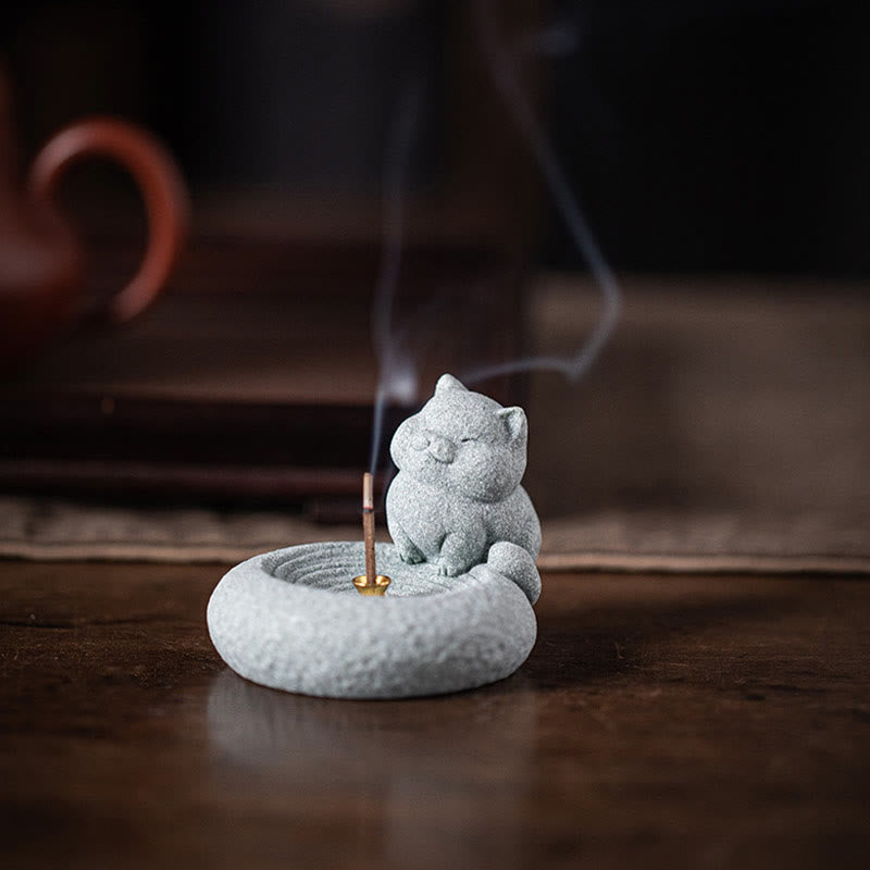 Buddha Stones Cute Lazy Standing Cat Healing Incense Burner Desk Decoration - image 2