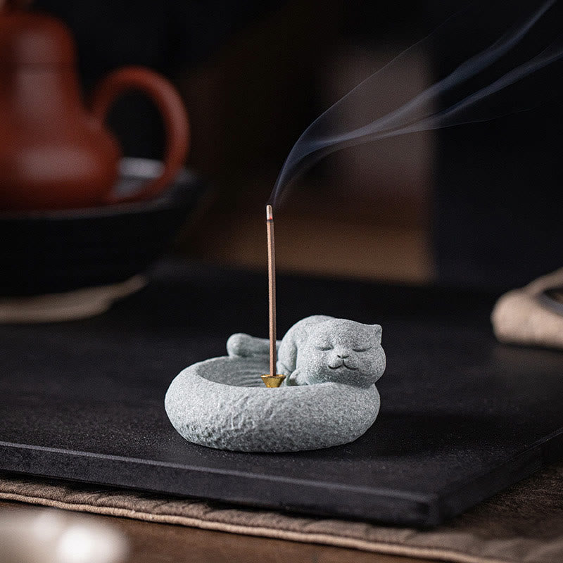 Buddha Stones Cute Lazy Standing Cat Healing Incense Burner Desk Decoration - image 14