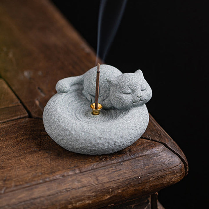 Buddha Stones Cute Lazy Standing Cat Healing Incense Burner Desk Decoration - image 22