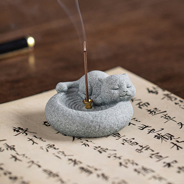 Buddha Stones Cute Lazy Standing Cat Healing Incense Burner Desk Decoration - image 19