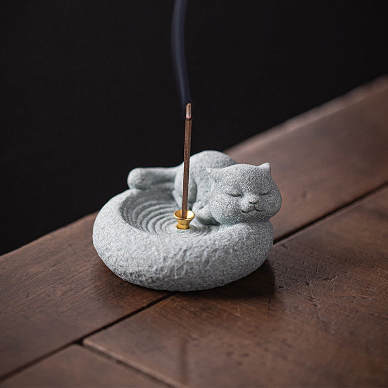 Buddha Stones Cute Lazy Standing Cat Healing Incense Burner Desk Decoration - image 21