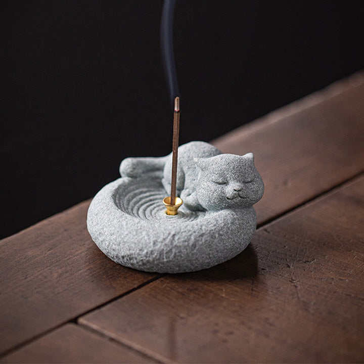 Buddha Stones Cute Lazy Standing Cat Healing Incense Burner Desk Decoration - image 21