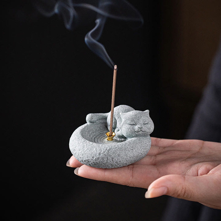 Buddha Stones Cute Lazy Standing Cat Healing Incense Burner Desk Decoration - image 13