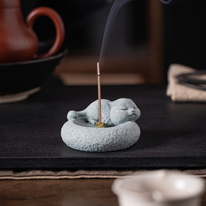Buddha Stones Cute Lazy Standing Cat Healing Incense Burner Desk Decoration - image 15