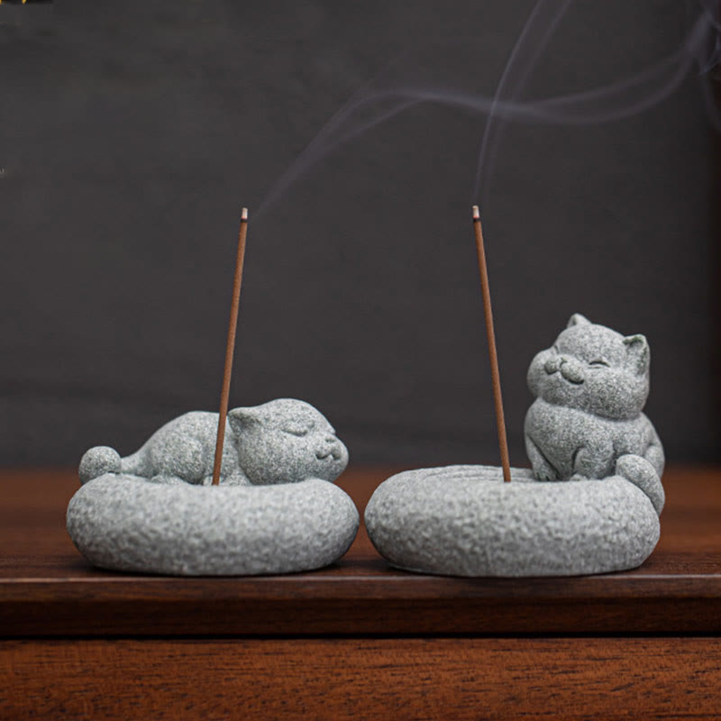 Buddha Stones Cute Lazy Standing Cat Healing Incense Burner Desk Decoration - image 1
