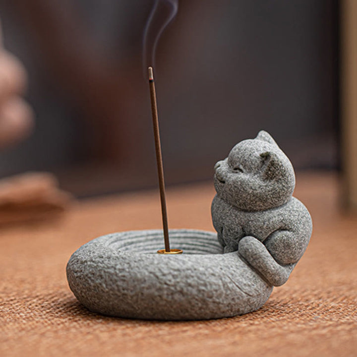 Buddha Stones Cute Lazy Standing Cat Healing Incense Burner Desk Decoration - image 5