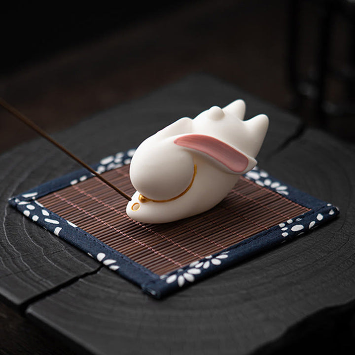 Buddha Stones Flying Rabbit Bamboo Mat Healing Ceramic Incense Burner Desk Decoration - image 5