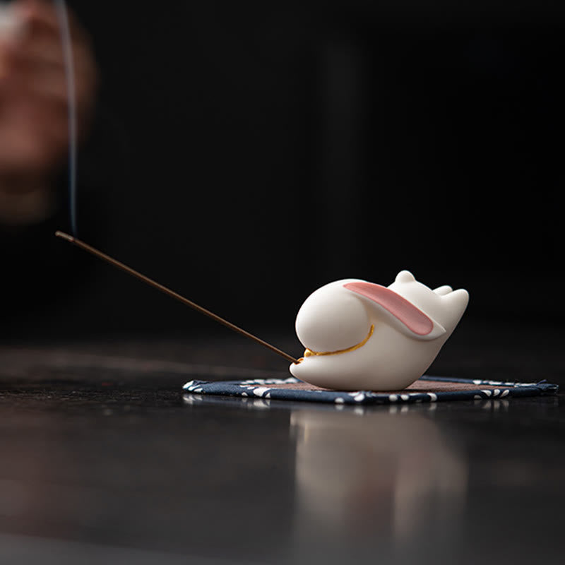 Buddha Stones Flying Rabbit Bamboo Mat Healing Ceramic Incense Burner Desk Decoration - Pink Rabbit Bamboo Mat 7.6*3.7*4.5cm - image 0