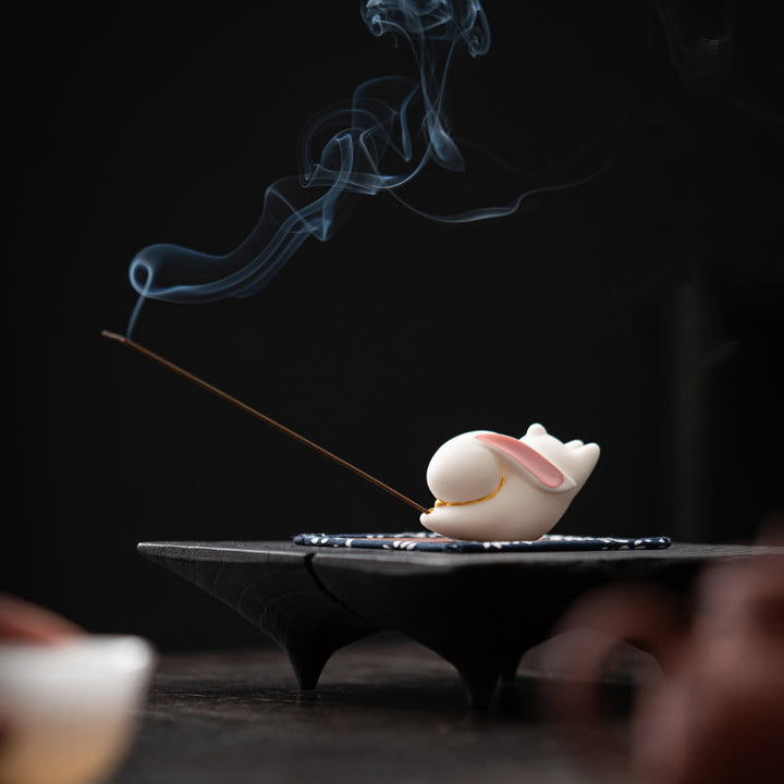 Buddha Stones Flying Rabbit Bamboo Mat Healing Ceramic Incense Burner Desk Decoration - image 3