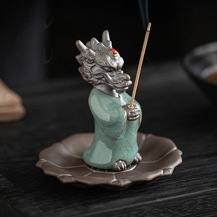 Buddha Stones Praying Dragon King Lotus Base Fu Character Ceramic Healing Incense Burner Desk Decoration - image 4