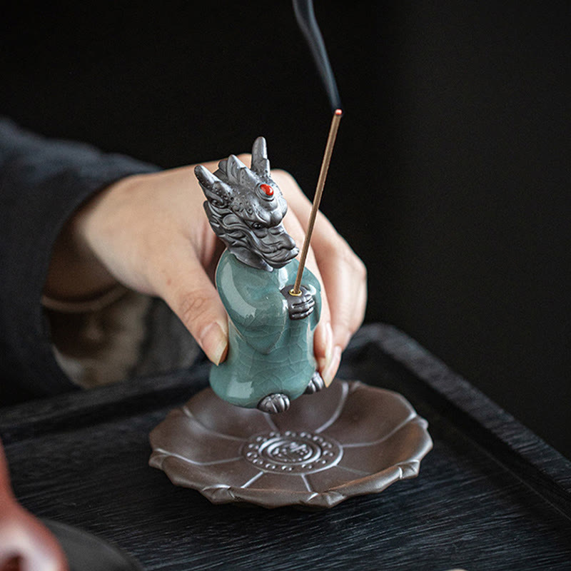 Buddha Stones Praying Dragon King Lotus Base Fu Character Ceramic Healing Incense Burner Desk Decoration - image 7