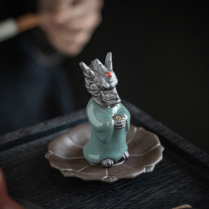 Buddha Stones Praying Dragon King Lotus Base Fu Character Ceramic Healing Incense Burner Desk Decoration - image 2