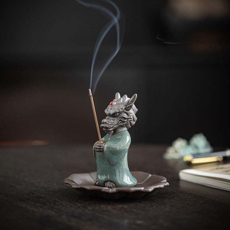 Buddha Stones Praying Dragon King Lotus Base Fu Character Ceramic Healing Incense Burner Desk Decoration - Praying Dragon King 3.9*4.3*9.4cm - image 0