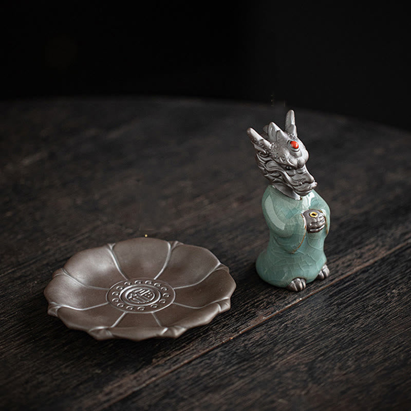Buddha Stones Praying Dragon King Lotus Base Fu Character Ceramic Healing Incense Burner Desk Decoration - image 1