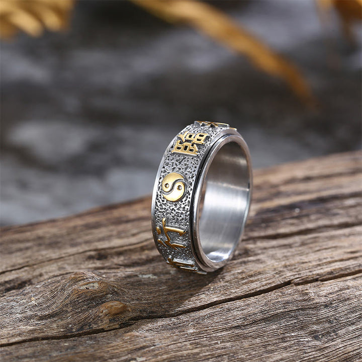 Buddha Stones Tibetan The Nine-word Mantra Yin Yang Pattern Titanium Steel Spinner Balance Ring - Silver with Gold - US12 - image 0
