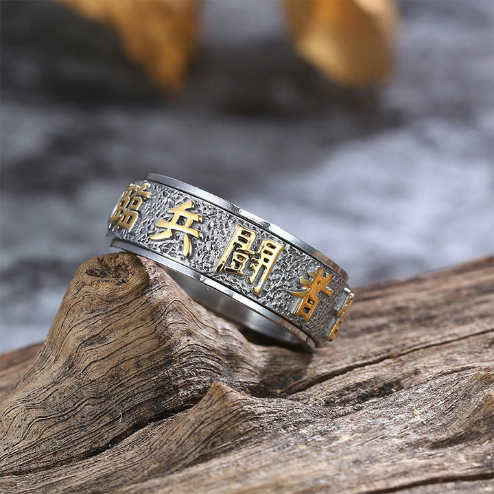 Buddha Stones Tibetan The Nine-word Mantra Yin Yang Pattern Titanium Steel Spinner Balance Ring - image 3