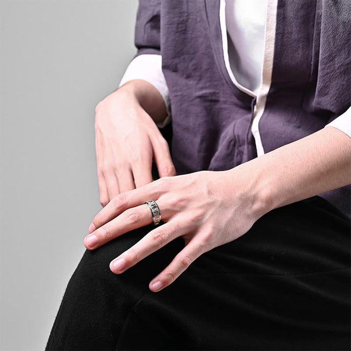 Buddha Stones Tibetan The Nine-word Mantra Yin Yang Pattern Titanium Steel Spinner Balance Ring - image 10