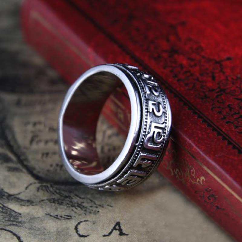 Buddha Stones Tibetan Om Mani Padme Hum Titanium Steel Spinner Balance Ring - image 1