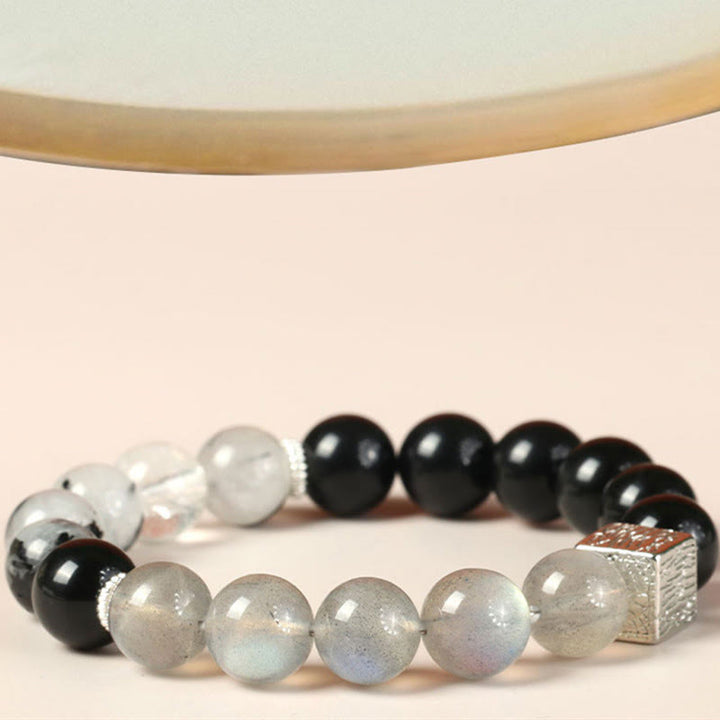 Buddha Stones Black Obsidian Black Rutilated Quartz Moonstone Cube Strength Bracelet - image 2