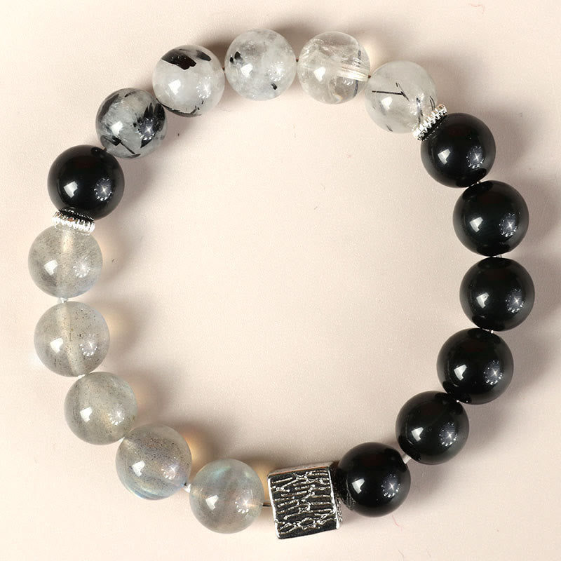 Buddha Stones Black Obsidian Black Rutilated Quartz Moonstone Cube Strength Bracelet - image 1