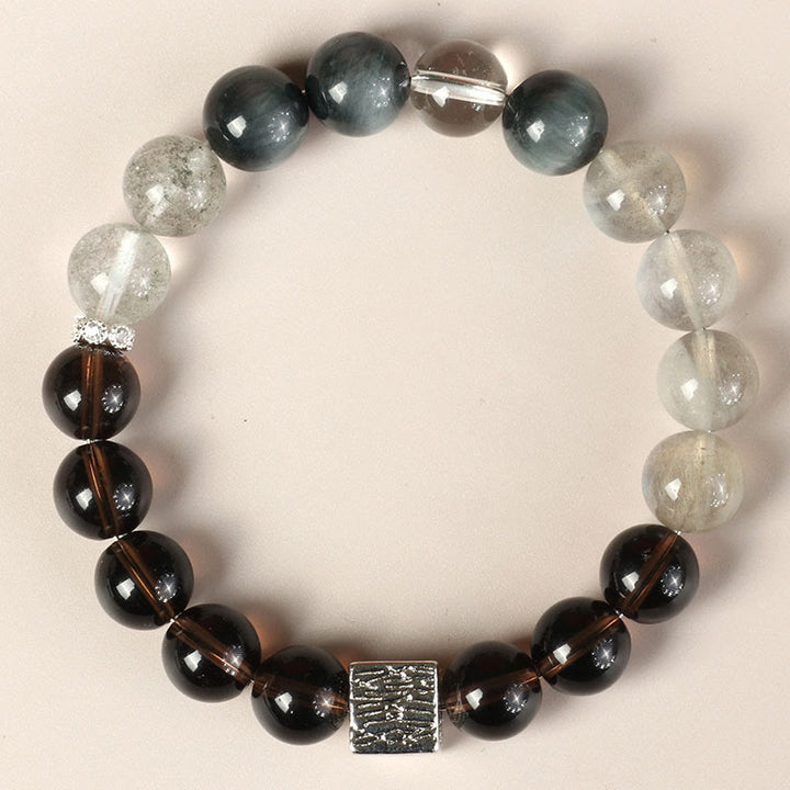 Buddha Stones Black Obsidian Black Rutilated Quartz Moonstone Cube Strength Bracelet - Smoky Quartz Eagle Eye Stone Grey Moonstone Green Phantom(Wrist Circumference: 14-16cm) - image 14