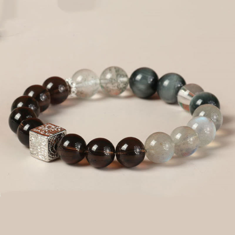 Buddha Stones Black Obsidian Black Rutilated Quartz Moonstone Cube Strength Bracelet - image 15