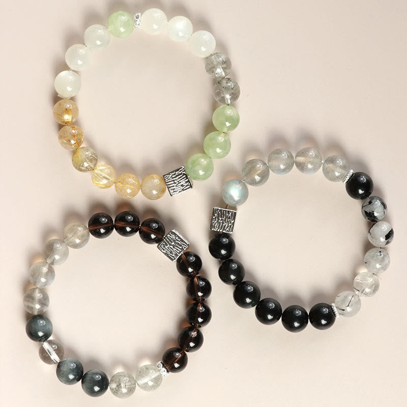 Buddha Stones Black Obsidian Black Rutilated Quartz Moonstone Cube Strength Bracelet - image 10