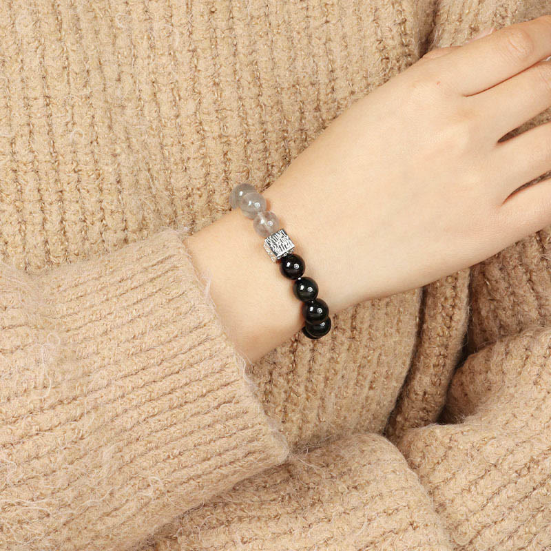 Buddha Stones Black Obsidian Black Rutilated Quartz Moonstone Cube Strength Bracelet - image 4