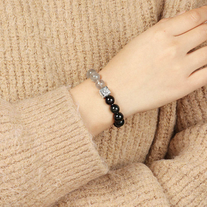 Buddha Stones Black Obsidian Black Rutilated Quartz Moonstone Cube Strength Bracelet - image 4