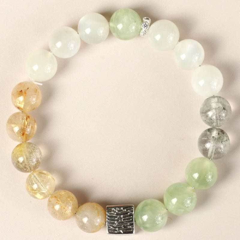 Buddha Stones Black Obsidian Black Rutilated Quartz Moonstone Cube Strength Bracelet - Rutilated Quartz Green Grape Agate Moonstone Green Phantom(Wrist Circumference: 14-16cm) - image 8
